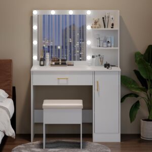 WAYES Makeup Vanity Set with Lighted Mirror, Charging Station, and Storage Stool - 3-Foot Vanity Desk for Bedroom, White