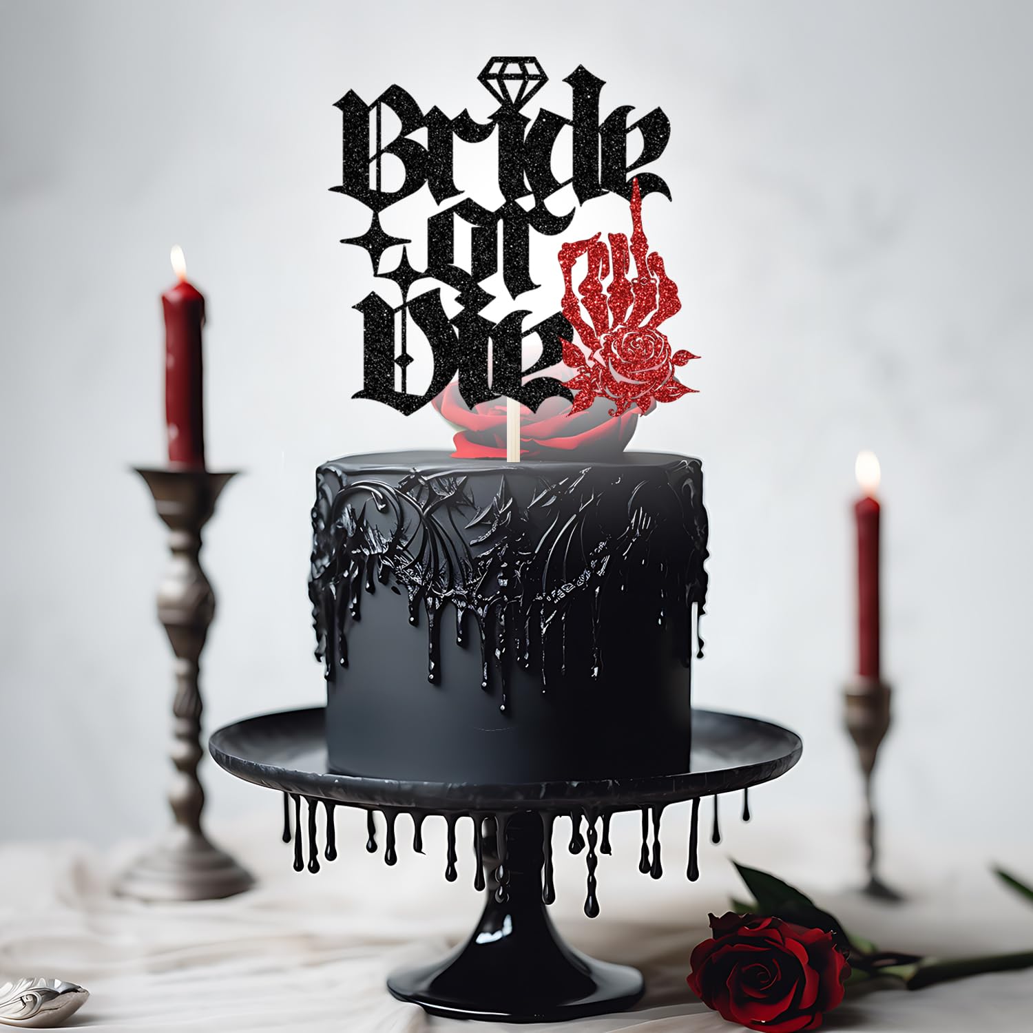 Bride or Die Cake Topper, Till Death Do Us Party, Rip Single Life, Halloween Gothic Wedding Bachelorette Party Decorations, Black and Red Glitter