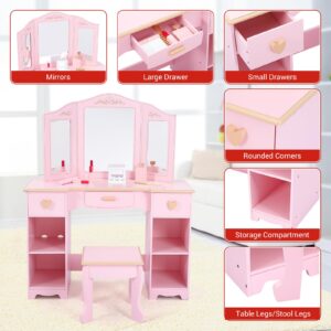 GarveeHome Kids Vanity, Pretend Play Vanity Set with Stool and Tri-Fold Mirror, Little Girl Makeup Desk, Toddler Dressing Table with Storage Drawers and Open Shelves for Girls 3+, Pink