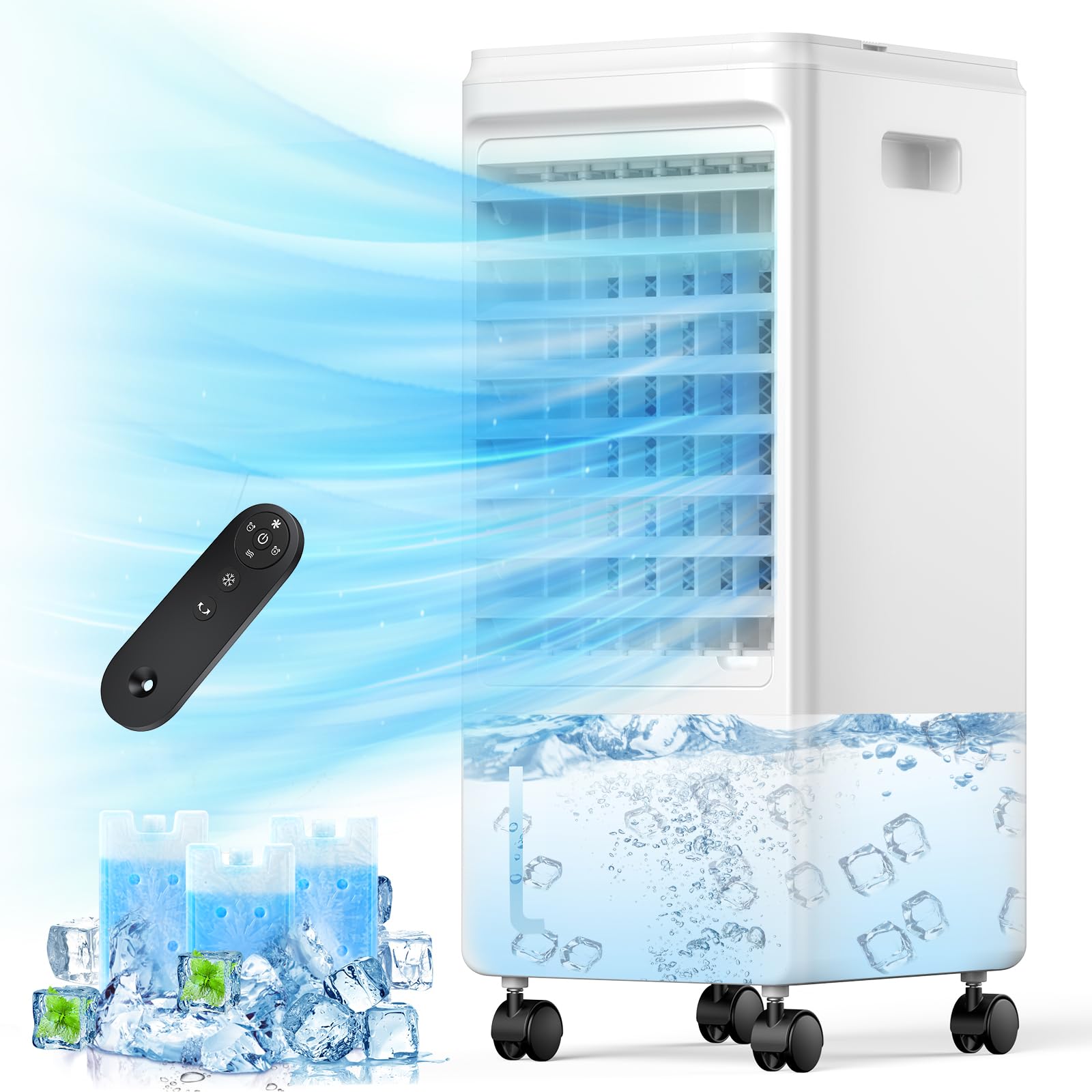 Portable Air Conditioners, 3-IN-1 Evaporative Air Cooler, Swamp Coolers w/ 3 Ice Pack, 1.85 Gal Water Tank, 4 Modes, 80° Oscillation, 7H Timer, Portable Ac for Bedroom, Room, Indoor White Black