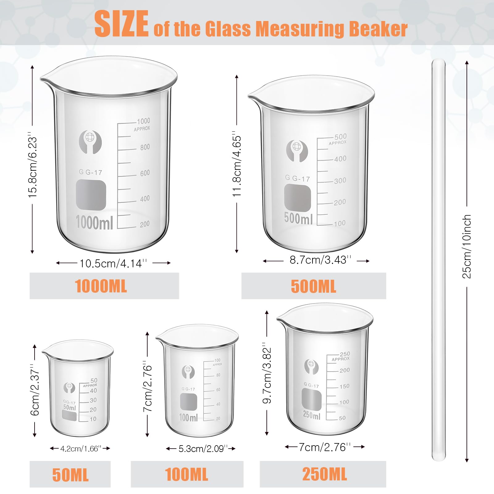 Feekoon 10 Pieces Glass Measuring Beaker Graduated Measuring Cylinder with Stirring Rod 50/100/ 250/500/ 1000 ml Thick Glass Beakers 5/10/ 50/100 ml Graduated Cylinders for Science Lab (9.8 Inch)