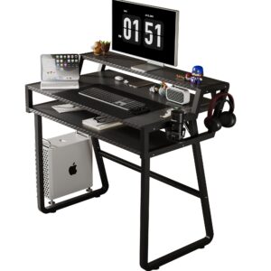 zhengkai os gaming computer desk–33 inch ergonomic home office desk with 3-tier design, large carbon fiber surface, 1mm steel tube frame, cup holder, and headphone hook – black (black)