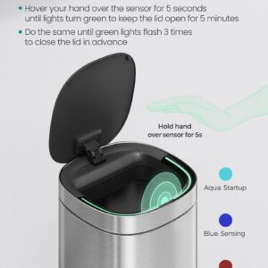 SONGMICS Motion Sensor Trash Can, 13 Gallon Automatic Kitchen Garbage Can, Multi-Colored Indicator Lights, Ozone Odor Control, Stay-Open Lid, Tall, Stainless Steel, Silver ULTB620E50V1