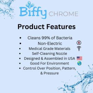 Biffy Chrome Metal Attachable Bidet: Physician Designed, Self-Cleaning 8-Stream Nozzle, Non-Electric, Adjustable Water Pressure, Two-Inch Coverage, Easy Install (Metal Bidet)