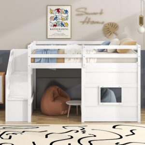 THINK 30 Wood Loft Bed with Storage Staircase and Window,No Box Spring Required, Twin Size, White