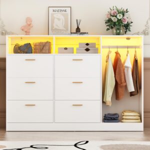 Hlivelood 63" W Dresser for Bedroom with Hanging Rack & Shelves, White 6 Drawers Dresser with LED Lights, Chest of Drawers Storage Shelves, Bedroom, Closet, Entryway, 44" H