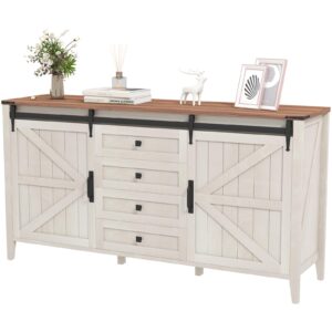 GlouMod 60 Inch Farmhouse 4 Drawers Dresser for Bedroom with Sliding Barn Doors, Natural Texture Wood Rustic Chest of Drawers for Living Room Bedroom Hallway Neoclassical White