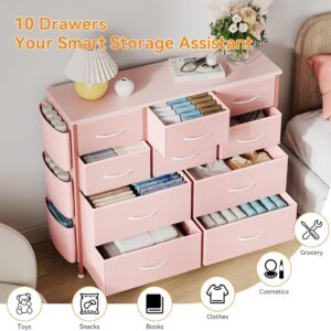 TrailBlaze Multifunctional Drawer Tower - Spacious Storage with 10 Drawers, Fabric Pockets, Hooks, Sturdy Steel Frame, Waterproof Wood Top, Anti-Tip Safety, Easy Assembly(Pink)