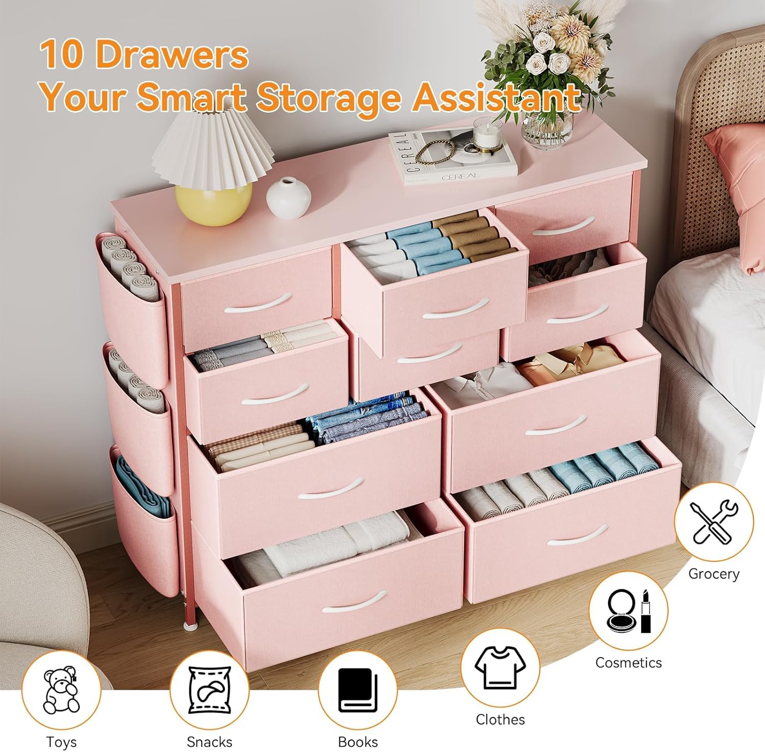 TrailBlaze Multifunctional Drawer Tower - Spacious Storage with 10 Drawers, Fabric Pockets, Hooks, Sturdy Steel Frame, Waterproof Wood Top, Anti-Tip Safety, Easy Assembly(Pink)