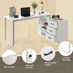 ARTPOWER 55" L Shaped Computer Desk with Storage Cabinet, Large Home Office Corner Desk with 3 Drawers and Shelf,Computer Table for PC Executive Writing Study Work,Reversible Gaming Desk, White