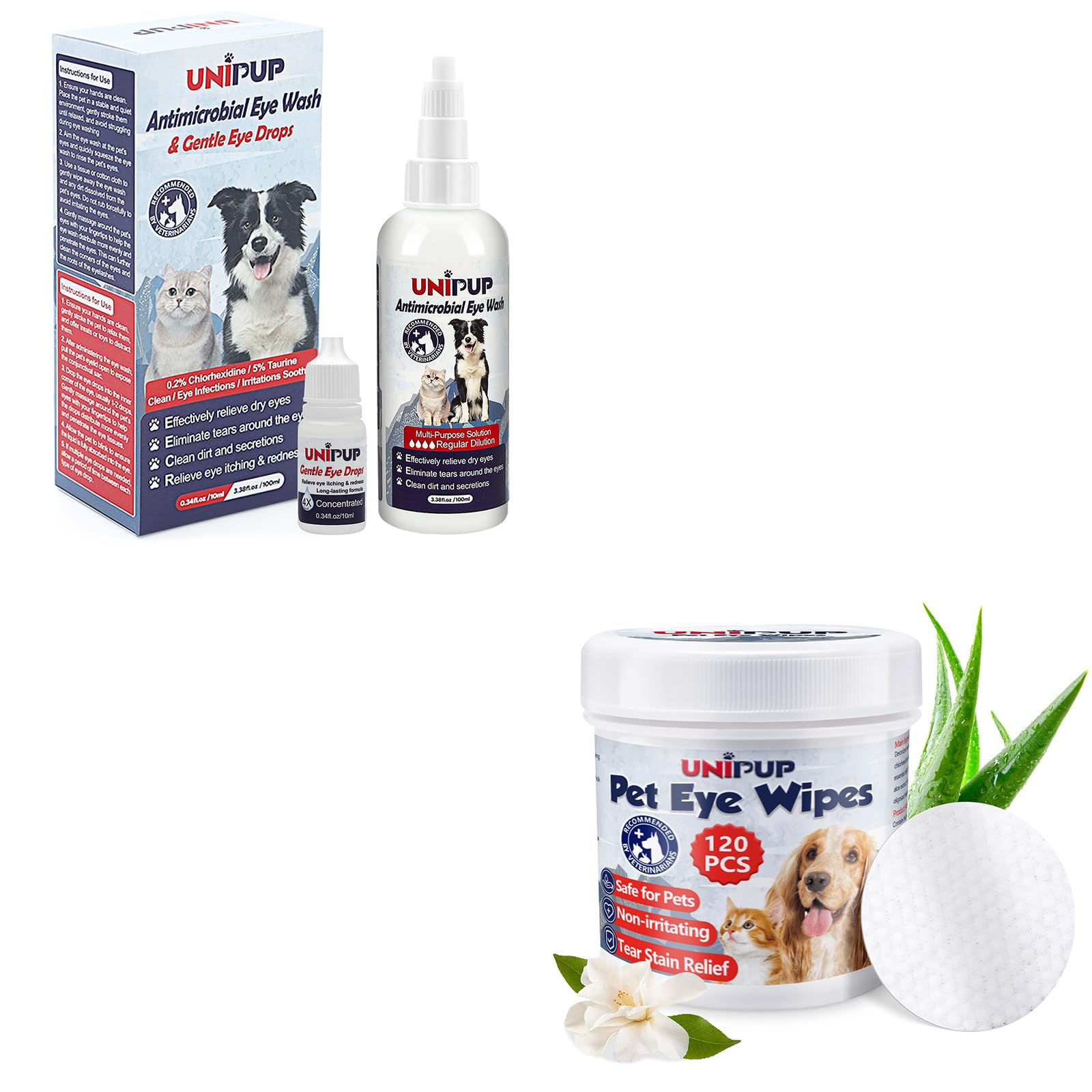 UNIPUP Dog Eye Wash & Eye Drops and Dog Eye Wipes Kit