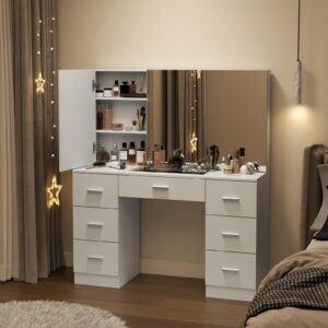 Makeup Vanity Desk with Large Mirror, 46" Modern Vanity Table with Wide Cabinet Mirrors, White Vanity with Tempered Glass Top & 7 Drawers. Makeup Table with adjustable shelf for bedroom(White)