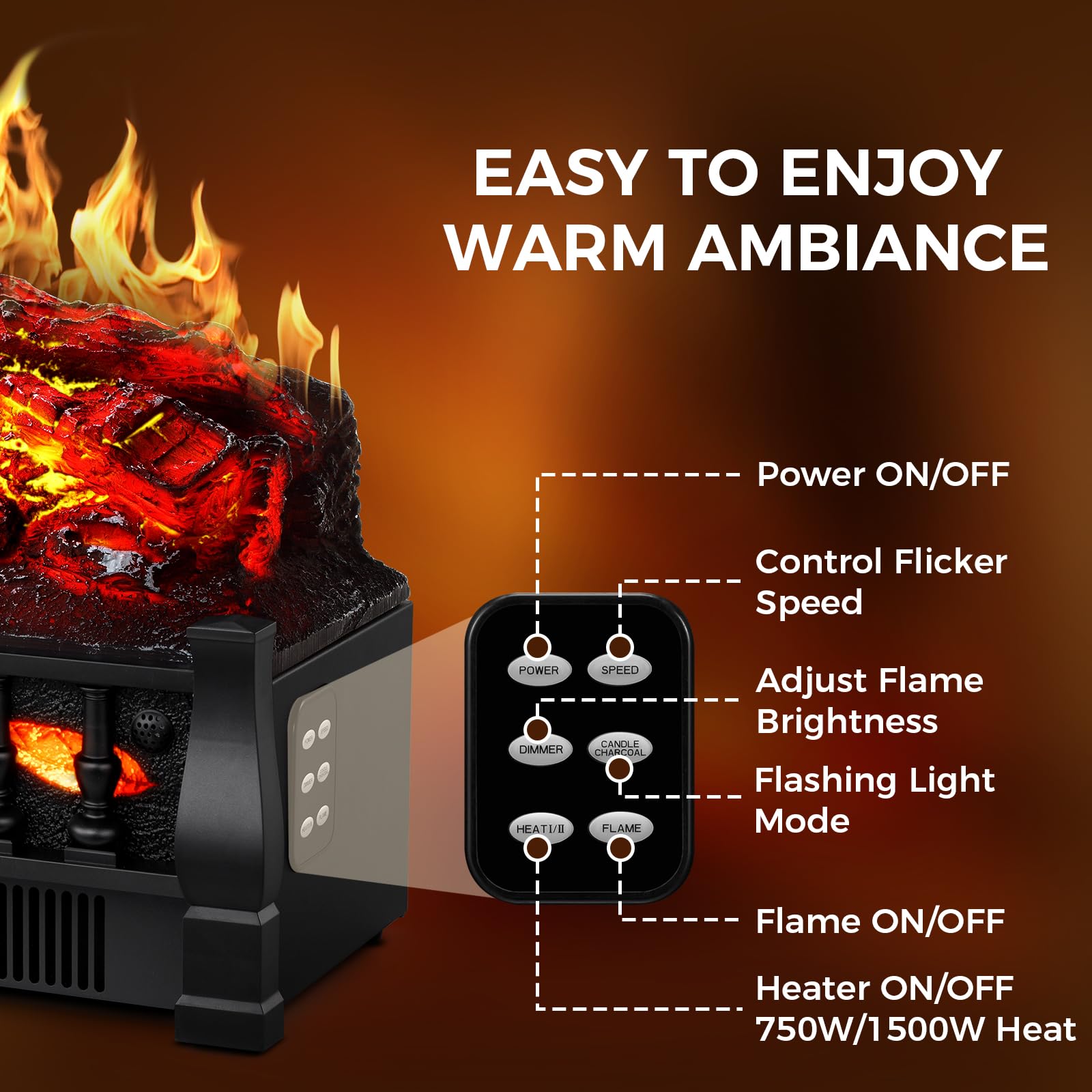 21 Inches Electric Fireplace Insert Log Heater Set, Freestanding Heater with Adjustable Flame Brightness and Flicker Speed, 750w/1500w Heating, Overheat Protection, Remote Control