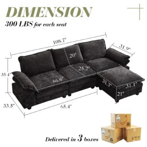 DRMBOOK 108.7'' Convertible Sectional Sofa Couch, Modern L-Shaped Modular Cloud Couches with Adjustable Armrest, 3 Seat Upholstered Sofa Set with Ottoman for Living Room Apartment Office, Black