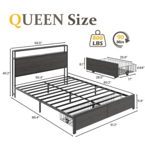 Lifezone Queen Bed Frame with 2-Tier Storage Headboard, Metal Bed Frame with Storage Drawers & Built-in Charging Station & LED, Noise-Free, No Box Spring Needed, Easy Assembly, Rustic Grey