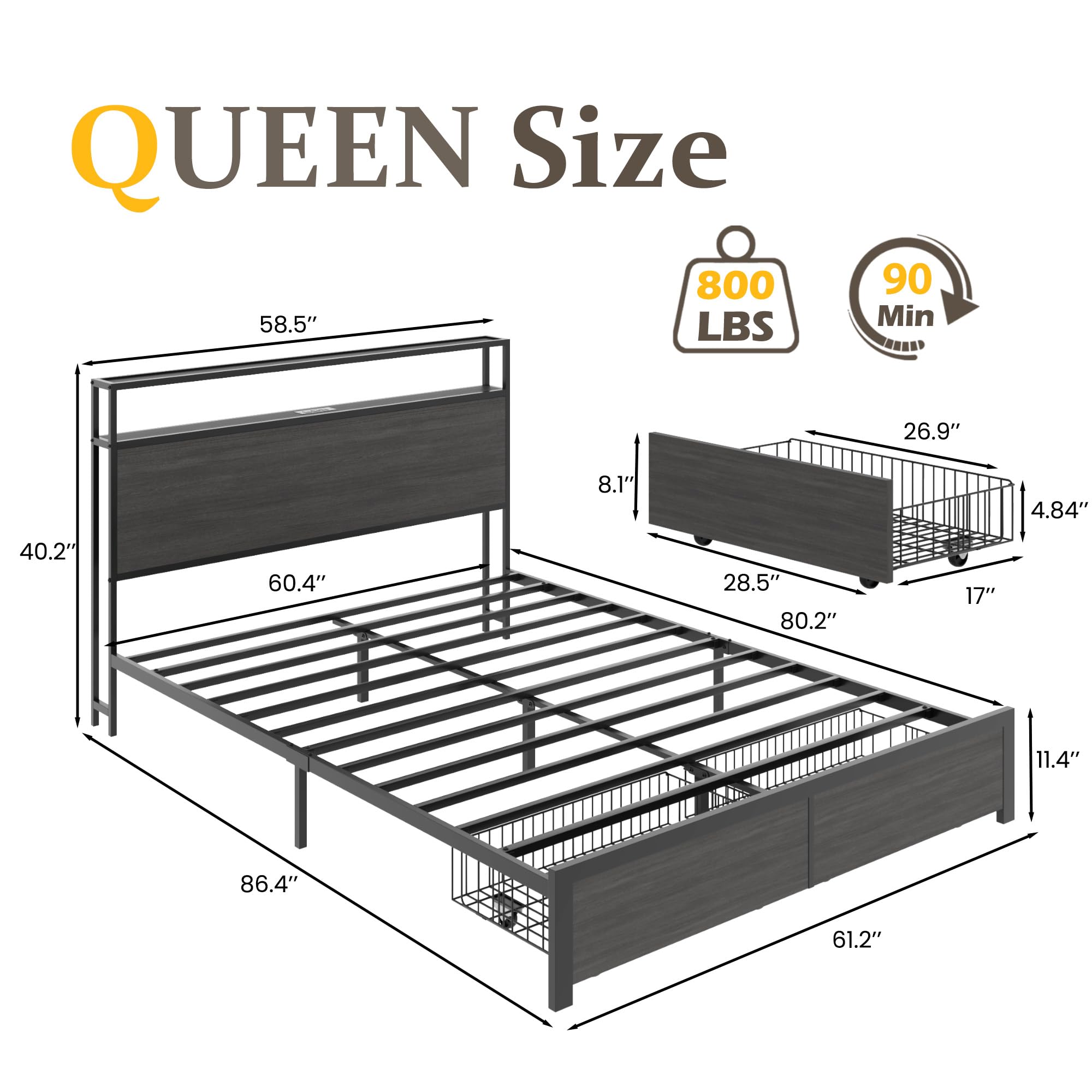 Lifezone Queen Bed Frame with 2-Tier Storage Headboard, Metal Bed Frame with Storage Drawers & Built-in Charging Station & LED, Noise-Free, No Box Spring Needed, Easy Assembly, Rustic Grey