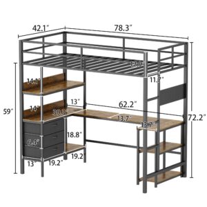 Loft Bed with Desk, Metal Loft Bed Twin Size with LED Lights and Charging Station, 6 Storage Shelves and 3 Fabric Drawers, Modern Bunk Bed with Desk for Teens and Adults, No Box Spring Needed (Black)