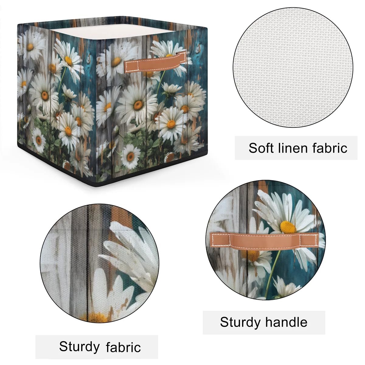 Kizmoglux Daisy Wooden Board Fabric Storage Bins, Collapsible Storage Baskets with Handles, Closet Baskets with Metal Frame, Storage Boxes for Organizing Shelf Clothes Home Office