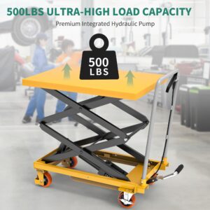 YITAHOME 500 lbs Capacity Hydraulic Lift Table Cart, Adjustable 11.4" to 42.5" in Height Double Scissor Lift Table with Locking Wheels for Material Handling and Transportation