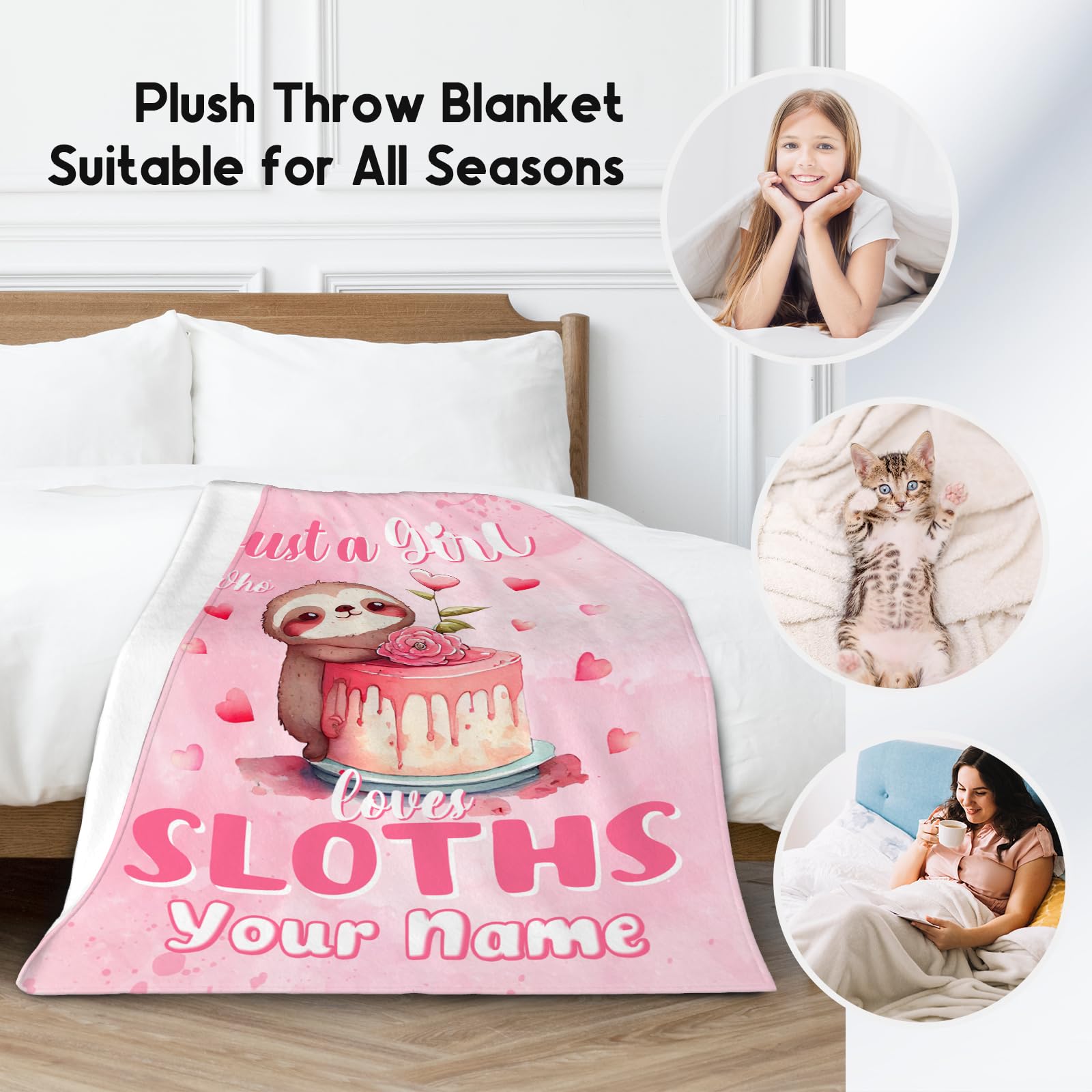 Custom Sloth Blanket with Name, Sloth Gifts for Girls Women, 60"x80" Soft Pink Blanket for Girls Gifts Decor, Sloth Printed Blankets Present Ideal, Cute Flannel Kids Throw Blankets for Couch