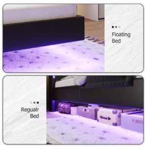 BYSAUD Floating Bed Frame with RGB Light，Hidden Storage Space in The headboard,Floating Bed with Charging Station Including 2 Standard sockets, PU Leather (King)