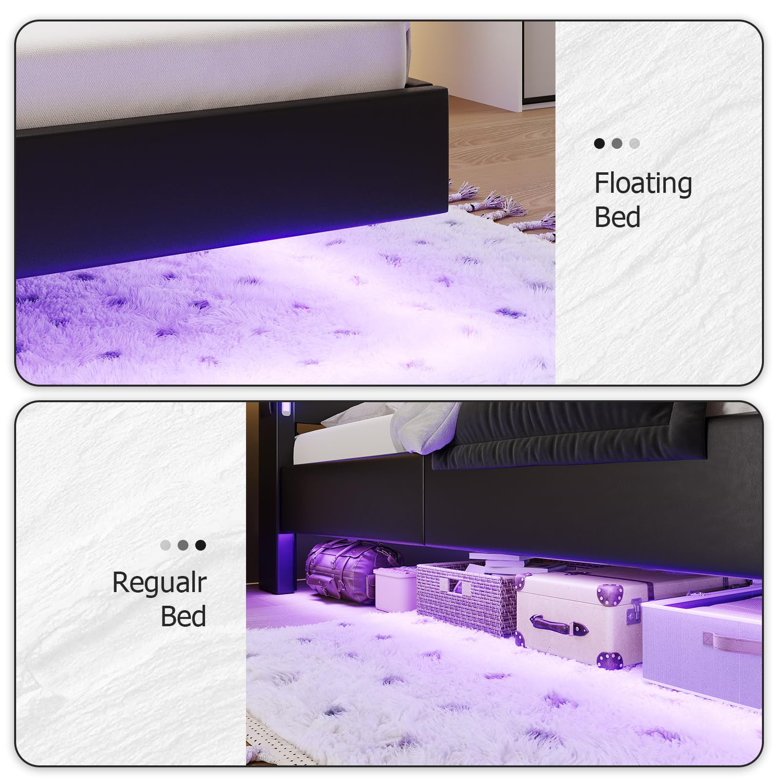 BYSAUD Floating Bed Frame with RGB Light，Hidden Storage Space in The headboard,Floating Bed with Charging Station Including 2 Standard sockets, PU Leather (King)