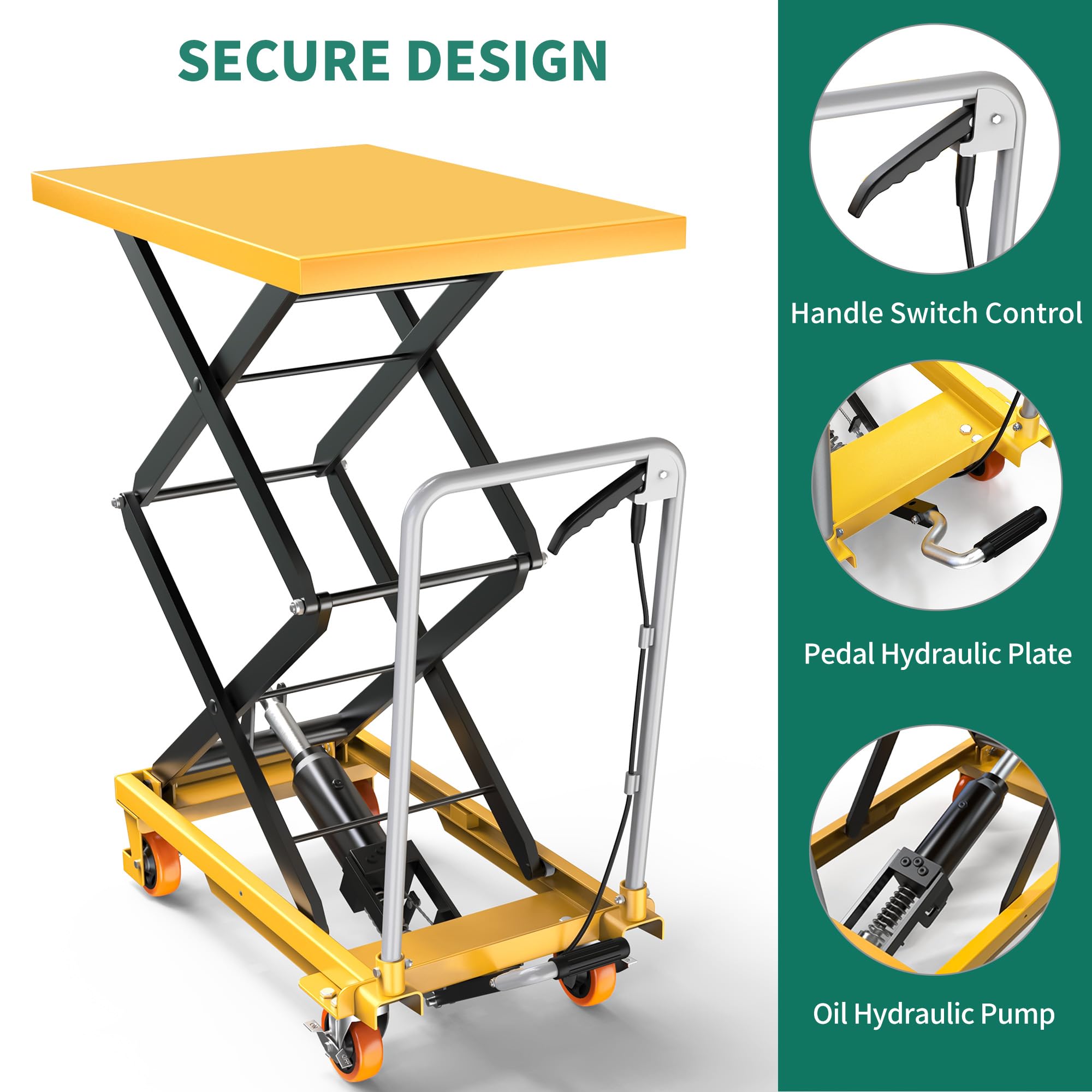 YITAHOME 500 lbs Capacity Hydraulic Lift Table Cart, Adjustable 11.4" to 42.5" in Height Double Scissor Lift Table with Locking Wheels for Material Handling and Transportation