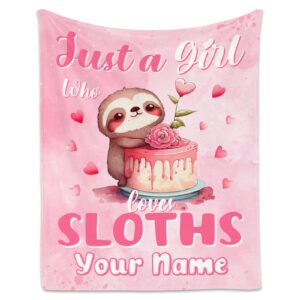 custom sloth blanket with name, sloth gifts for girls women, 60"x80" soft pink blanket for girls gifts decor, sloth printed blankets present ideal, cute flannel kids throw blankets for couch