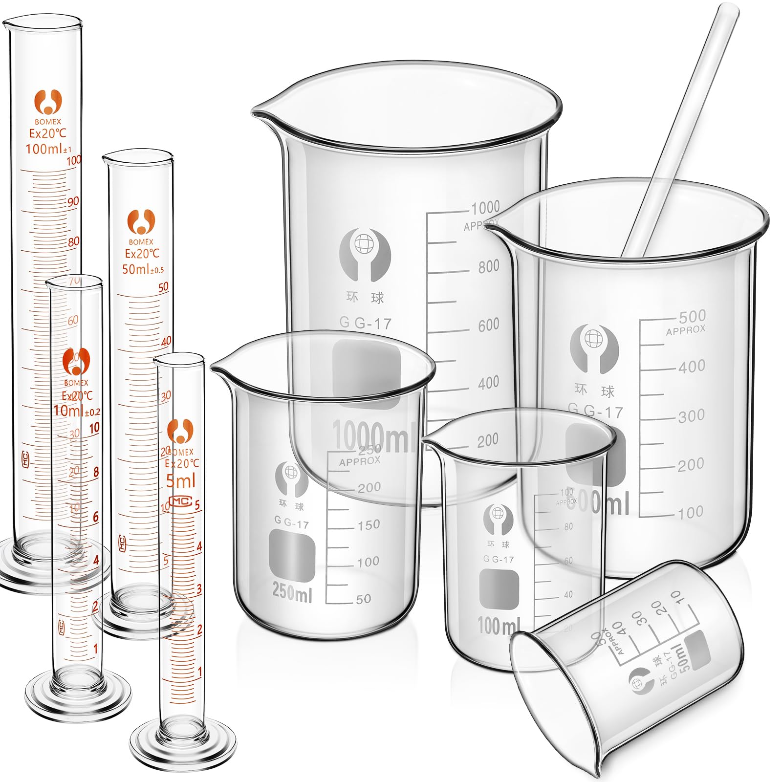 Feekoon 10 Pieces Glass Measuring Beaker Graduated Measuring Cylinder with Stirring Rod 50/100/ 250/500/ 1000 ml Thick Glass Beakers 5/10/ 50/100 ml Graduated Cylinders for Science Lab (9.8 Inch)