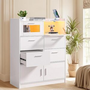 vecelo dresser for bedroom, chest of 6 drawers with adjustable led lights & power outlet, raised edge and large storage capacity, multiple modes, white