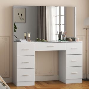 Makeup Vanity Desk with Large Mirror, 46" Modern Vanity Table with Wide Cabinet Mirrors, White Vanity with Tempered Glass Top & 7 Drawers. Makeup Table with adjustable shelf for bedroom(White)