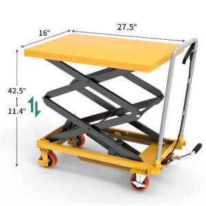 YITAHOME 500 lbs Capacity Hydraulic Lift Table Cart, Adjustable 11.4" to 42.5" in Height Double Scissor Lift Table with Locking Wheels for Material Handling and Transportation