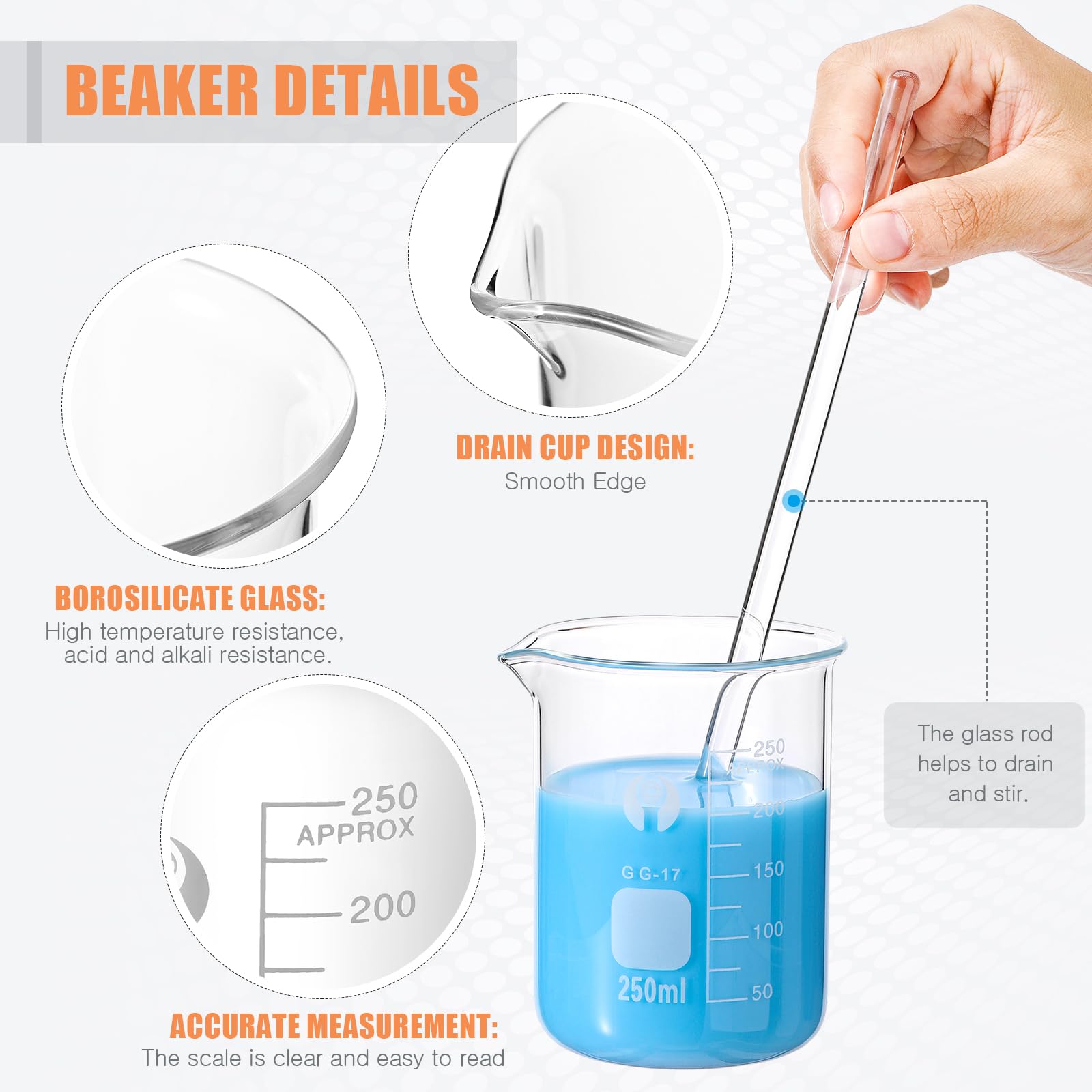 Feekoon 10 Pieces Glass Measuring Beaker Graduated Measuring Cylinder with Stirring Rod 50/100/ 250/500/ 1000 ml Thick Glass Beakers 5/10/ 50/100 ml Graduated Cylinders for Science Lab (9.8 Inch)