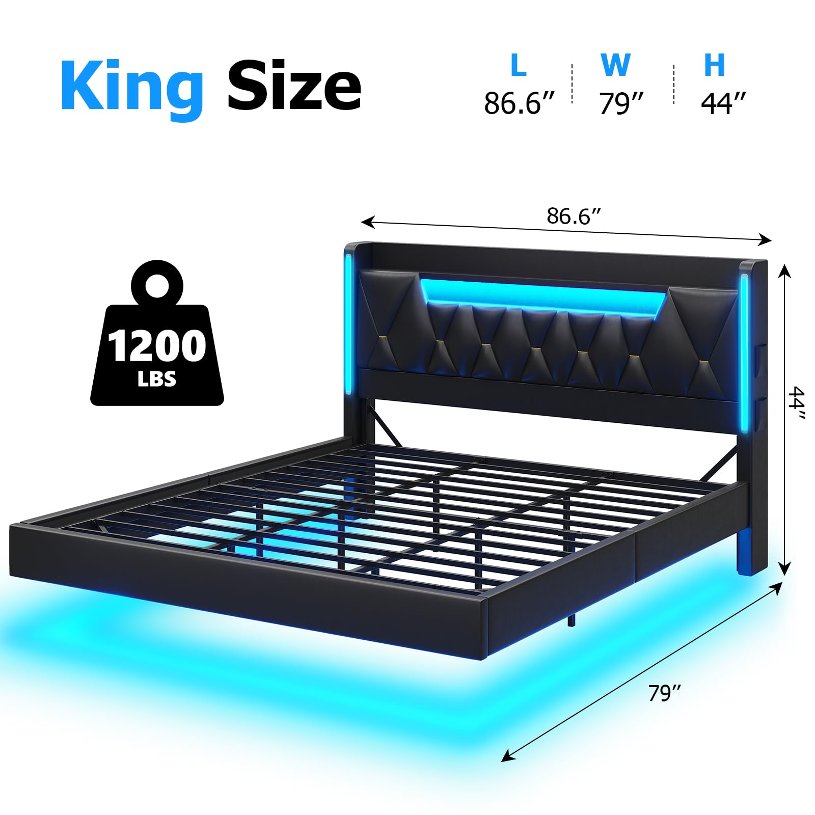 BYSAUD Floating Bed Frame with RGB Light，Hidden Storage Space in The headboard,Floating Bed with Charging Station Including 2 Standard sockets, PU Leather (King)