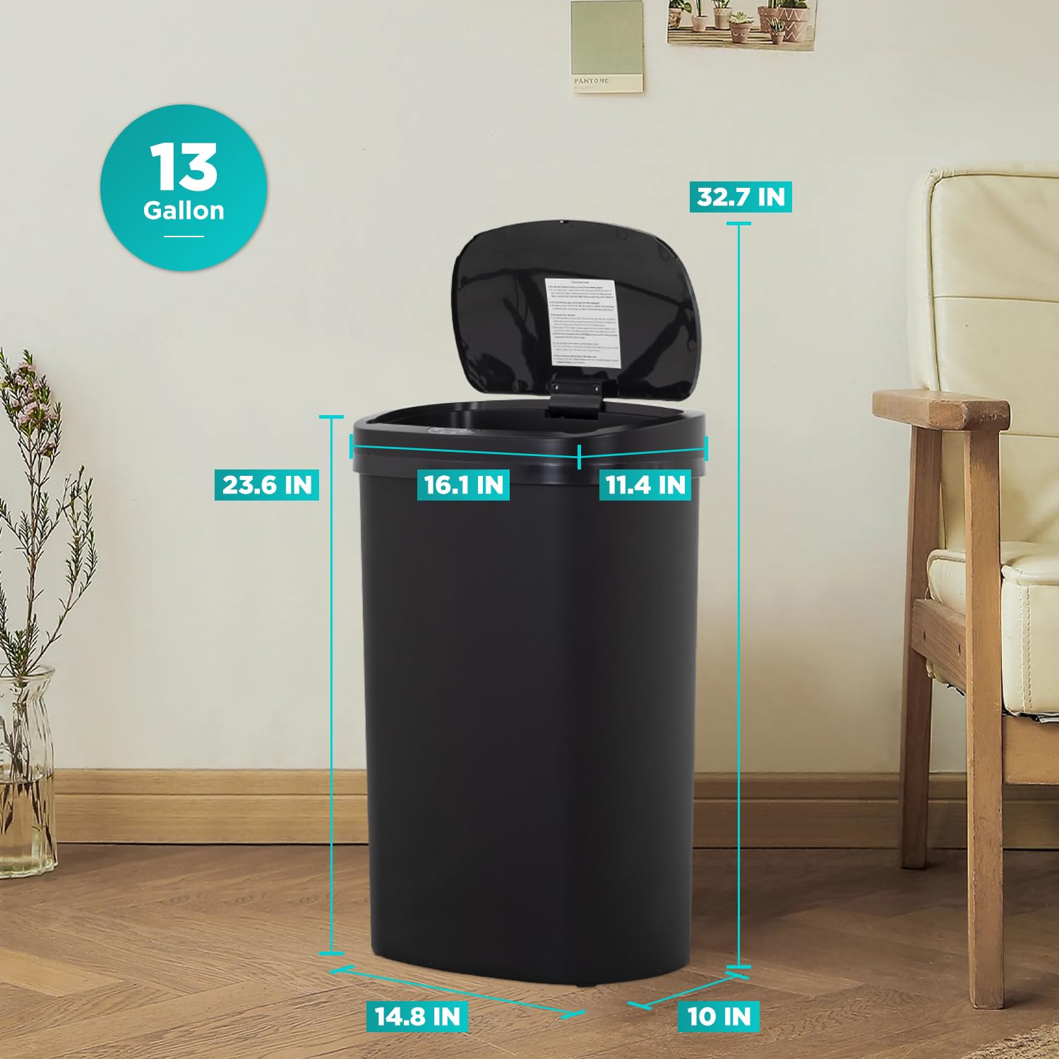 PayLessHere 13 Gallon Trash Can Kitchen Trash Can Automatic Garbage Can with Lid Touch Free High-Capacity Motion Sensor for Kitchen Bedroom Bathroom Office Wateproof Trash Bin (1, Black)