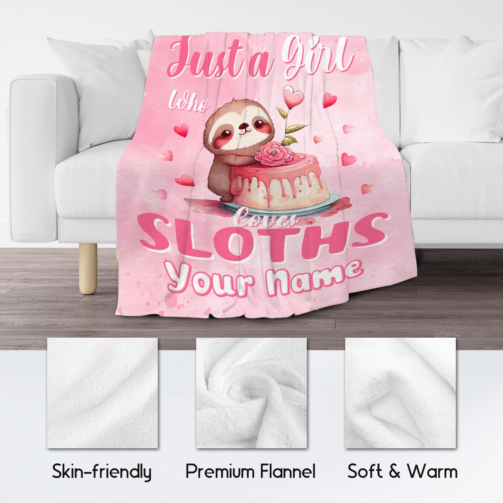 Custom Sloth Blanket with Name, Sloth Gifts for Girls Women, 60"x80" Soft Pink Blanket for Girls Gifts Decor, Sloth Printed Blankets Present Ideal, Cute Flannel Kids Throw Blankets for Couch