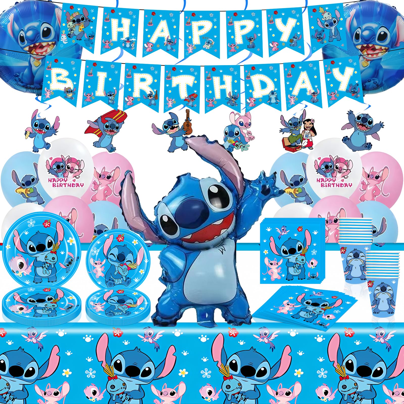 103 PCS Stitch Birthday Party Decorations, Stitch Party Decorations Set Includes Tableware Set, Happy Birthday Banner, Hanging Swirls, Balloons for Birthday Party Supplies