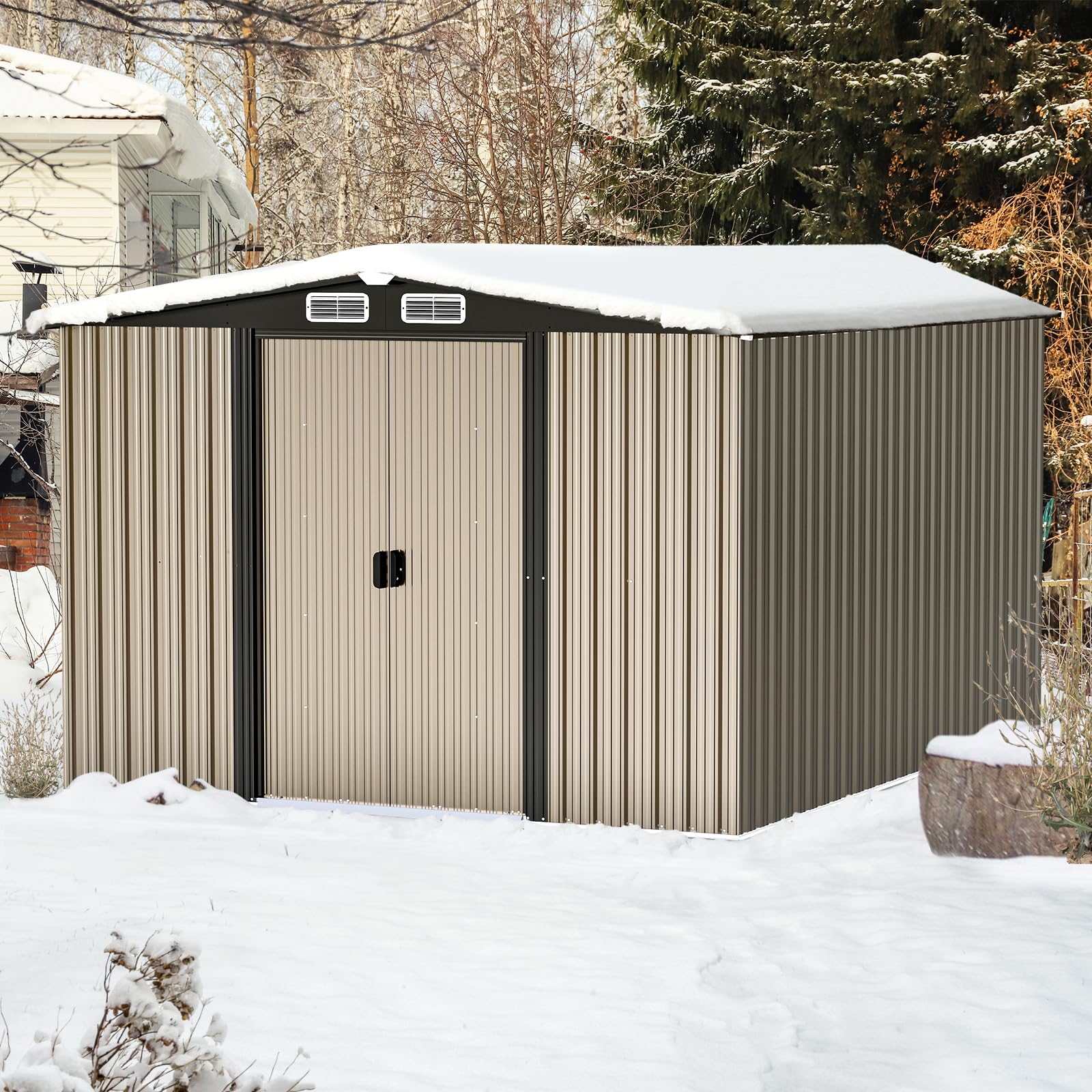 Large Outdoor Storage Shed 10 x 8 FT Galvanized Metal Shed with Sliding Door and Air Vents Waterproof Garden Tool Shed for Backyard, Lawn and Patio