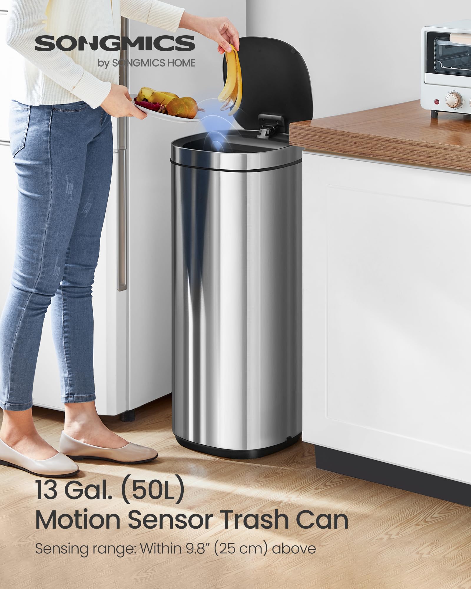 SONGMICS Motion Sensor Trash Can, 13 Gallon Automatic Kitchen Garbage Can, Multi-Colored Indicator Lights, Ozone Odor Control, Stay-Open Lid, Tall, Stainless Steel, Silver ULTB620E50V1