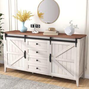 gloumod 60 inch farmhouse 4 drawers dresser for bedroom with sliding barn doors, natural texture wood rustic chest of drawers for living room bedroom hallway neoclassical white