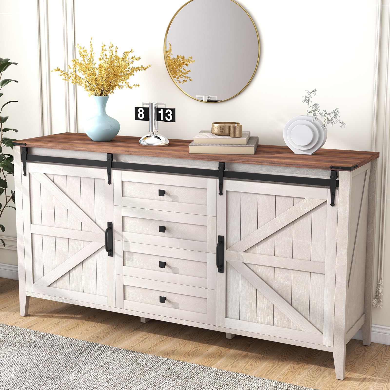 GlouMod 60 Inch Farmhouse 4 Drawers Dresser for Bedroom with Sliding Barn Doors, Natural Texture Wood Rustic Chest of Drawers for Living Room Bedroom Hallway Neoclassical White