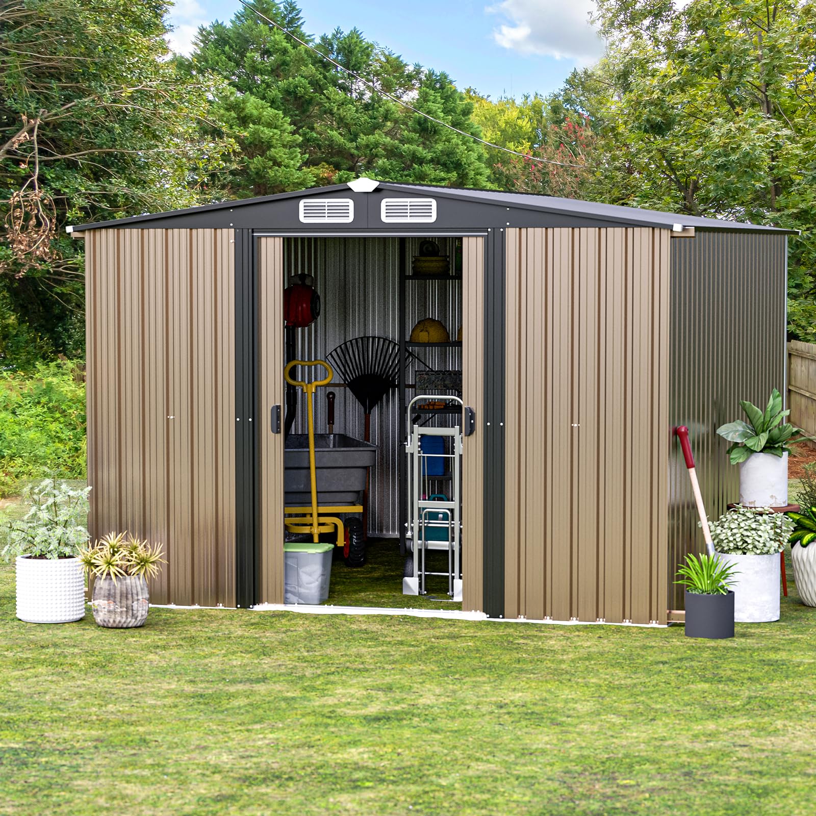 Large Outdoor Storage Shed 10 x 8 FT Galvanized Metal Shed with Sliding Door and Air Vents Waterproof Garden Tool Shed for Backyard, Lawn and Patio