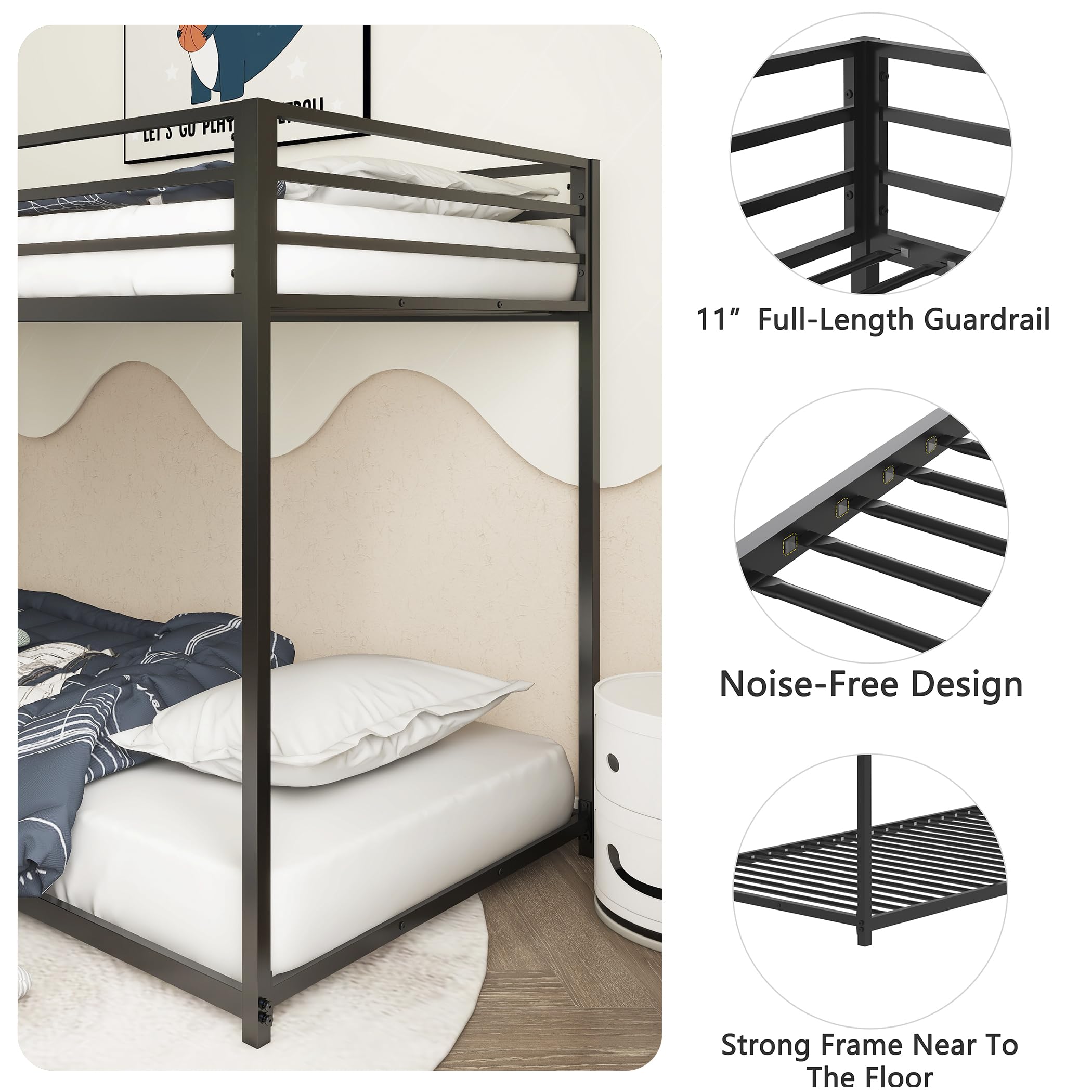 HXERY Bunk Bed Twin Over Twin, 54" Inch Metal Floor Bunk Bed with 11" Guardrails and Convertible Side Ladder. Black