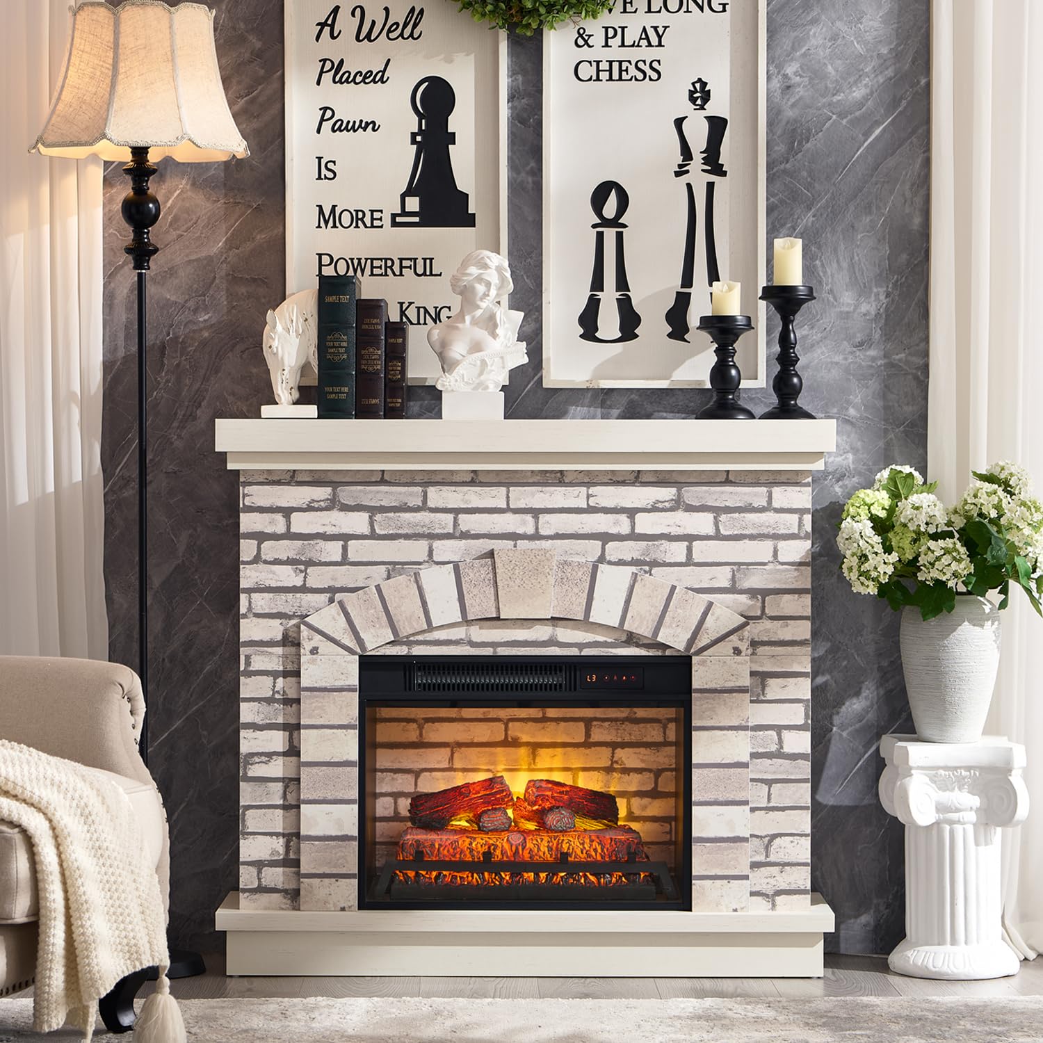 Farmhouse Electric Fireplace with Mantel, 42" Fireplace TV Stand with 23'' Freestanding Electric Fireplace Heater, Remote Control, Adjustable 3D Realistic Flame Level for Living Room, White