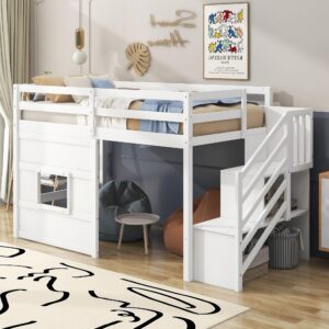 think 30 wood loft bed with storage staircase and window,no box spring required, twin size, white