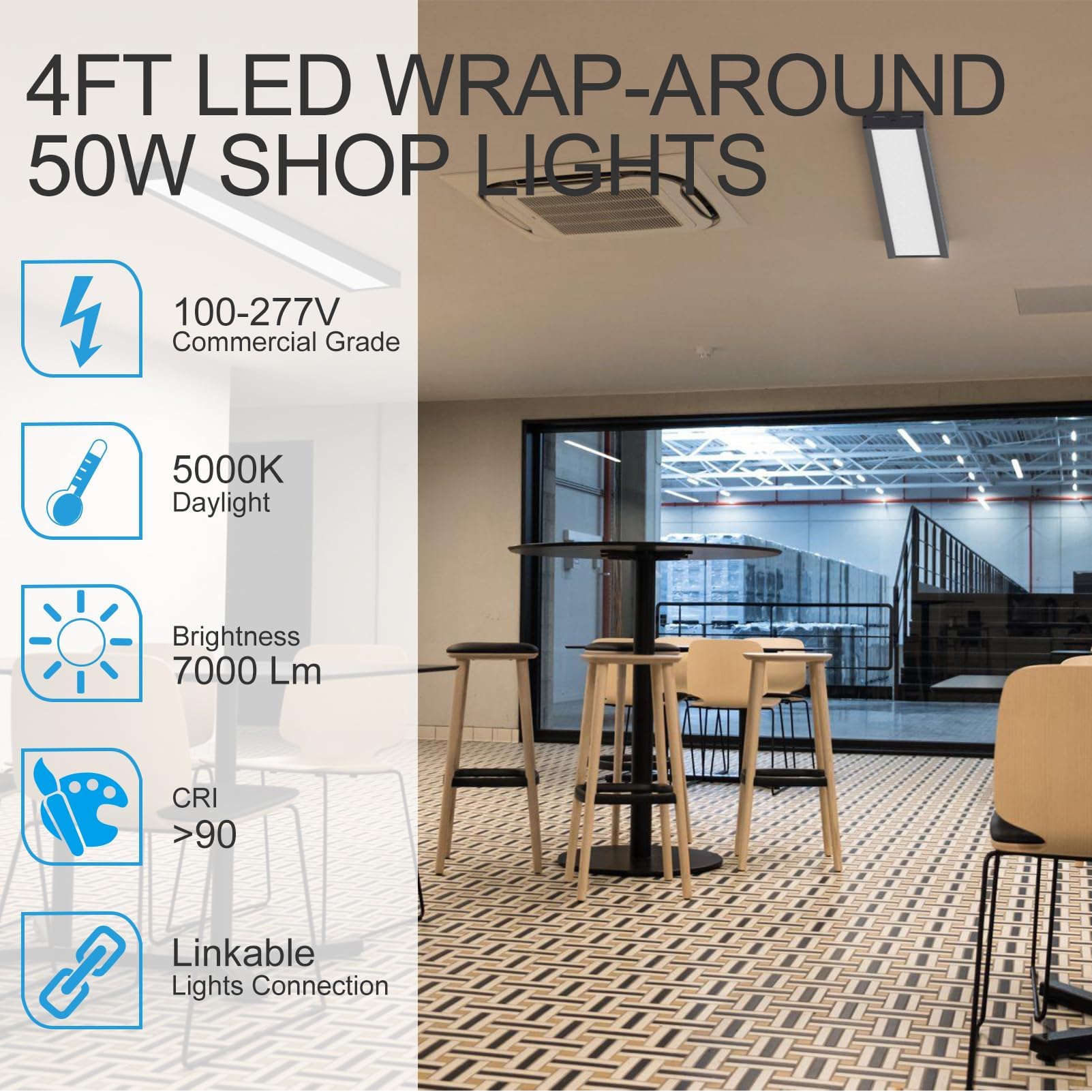 Lightdot 4FT-5IN LED Wraparound Shop Lights, 100-277v Linkable, 50W 4FT LED Light Fixtures for Garage Workshop Supermarket, 7000LM [Eqv. 400W] 5000K Black, Flush and Hanging Mouting Available-6Pack