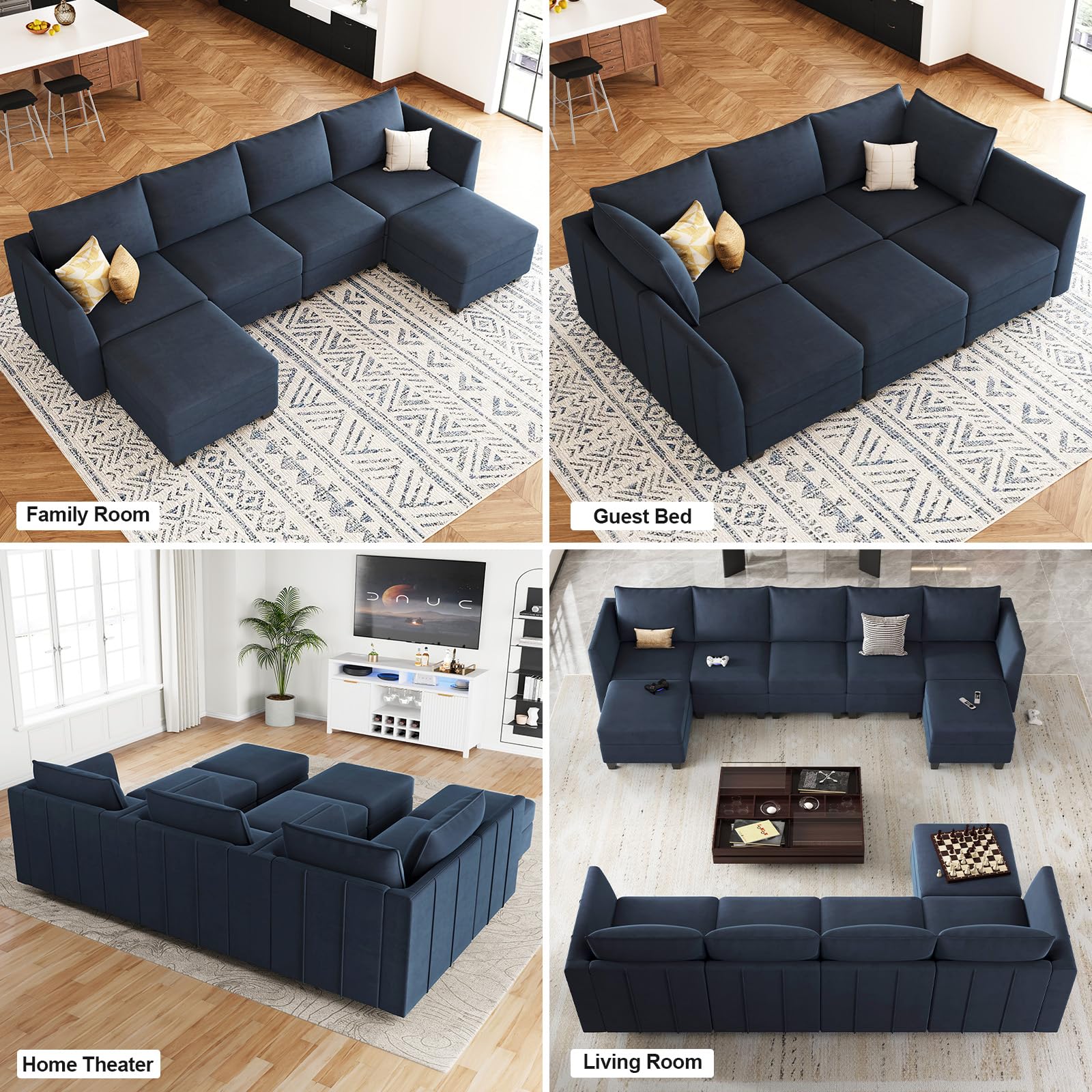 Belffin Modular Sectional Sofa U Shaped Couch with Storage Velvet Sectional Couch for Living Room, Blue