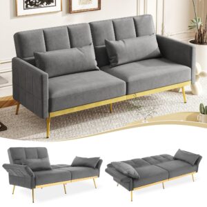 vicllax futon sofa bed, velvet convertible couch with adjustable backrests and armrests, modern loveseat, tufted sleeper sofa with two bolster pillows for living room, grey