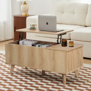 wooden fluted lift top coffee table with hidden compartment, modern rectangle center tables with adjustable storage shelf, lift tabletop dining table for home living room office(natural)