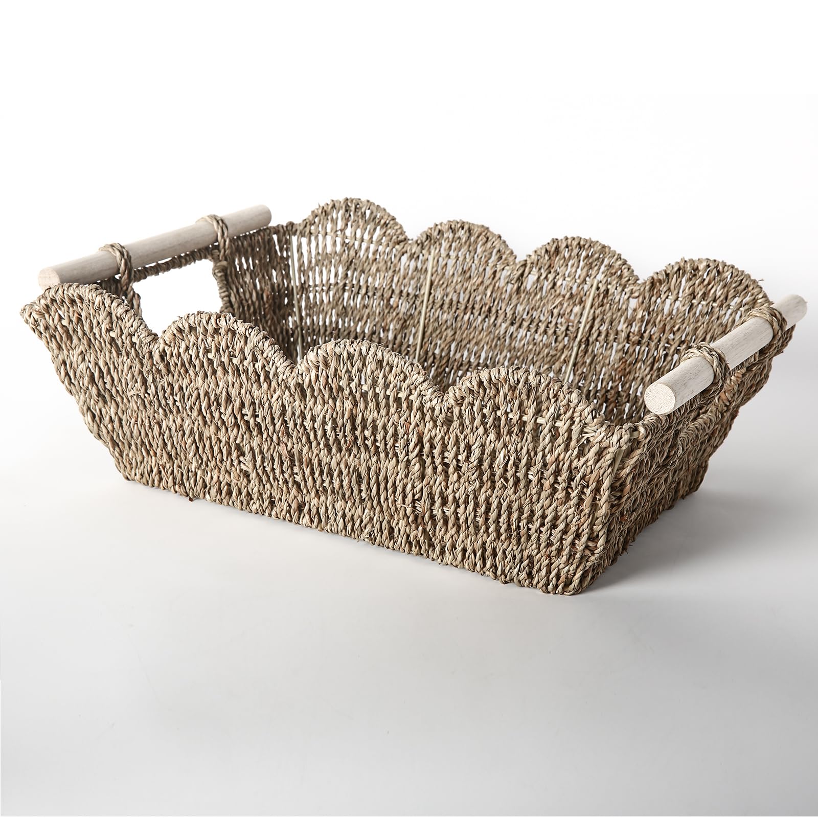 Scalloped Edge Basket with Wooden Handle, Water Hyacinth/Seagrass/Wicker Storage Baskets, Hand Woven Baskets for Shelves,Natural Baskets for Organizing (Seagrass, 16.5 * 12.6 * 5.5“)